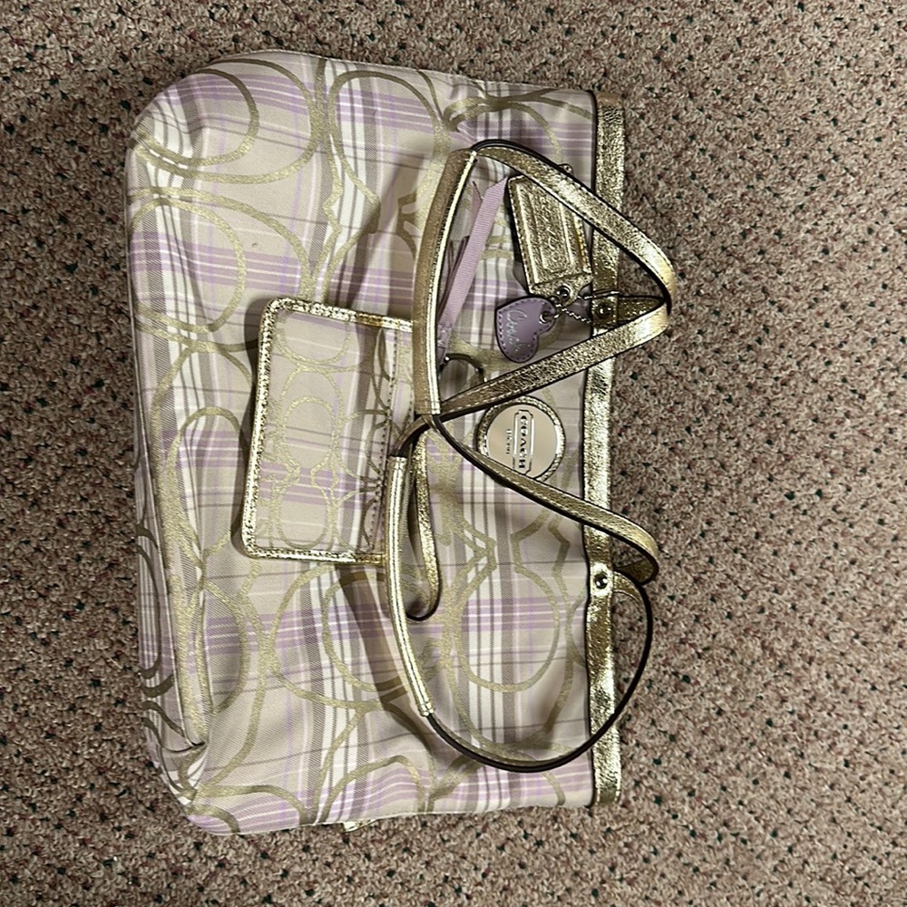 Coach gold & purple purse with matching card holder